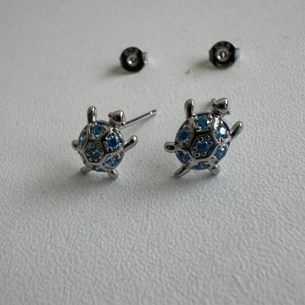 Sterling Silver 925 Turtle Earrings with Blue Crystals – Ocean Inspired Studs - Picture 4 of 6